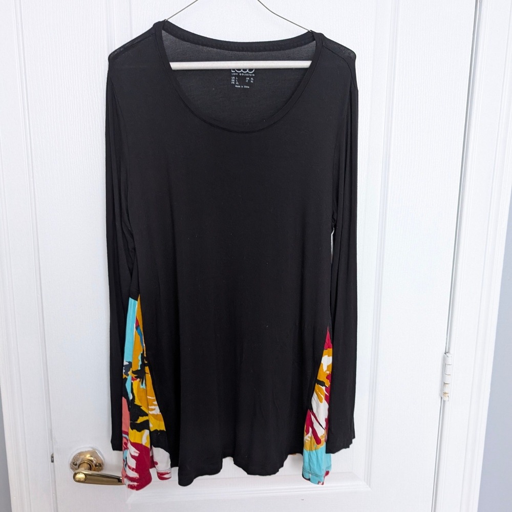 LOGO Lori Goldstein Black Long Sleeve Mixed Print Tunic Top Womens Large
